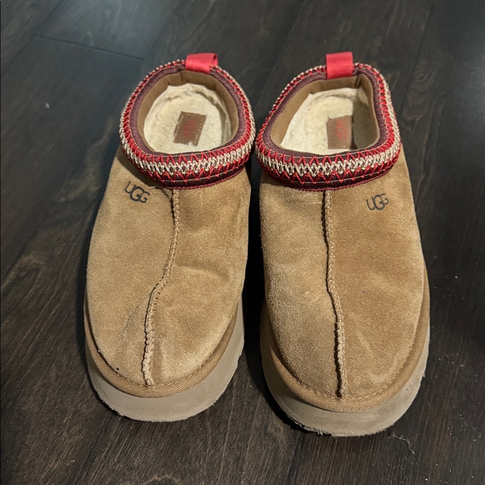 UGG Brown Suede Slip-Ons with Red Trim
